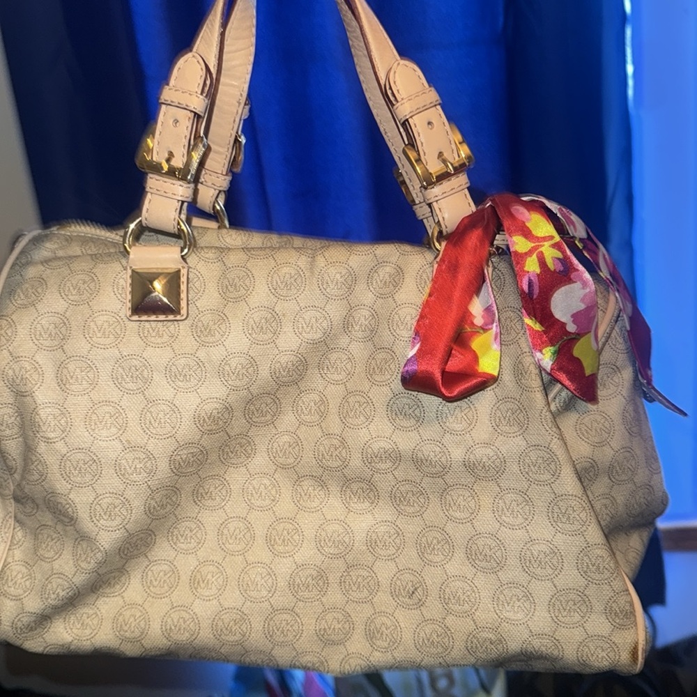 Michael Kors Tan Satchel with Red Floral Scarf